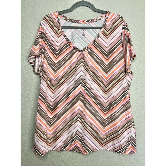 St. John's Bay Tops - St. John’s Bay Coral Brown White Striped Zig Zag T-Shirt GUC Womens Plus Size 2X